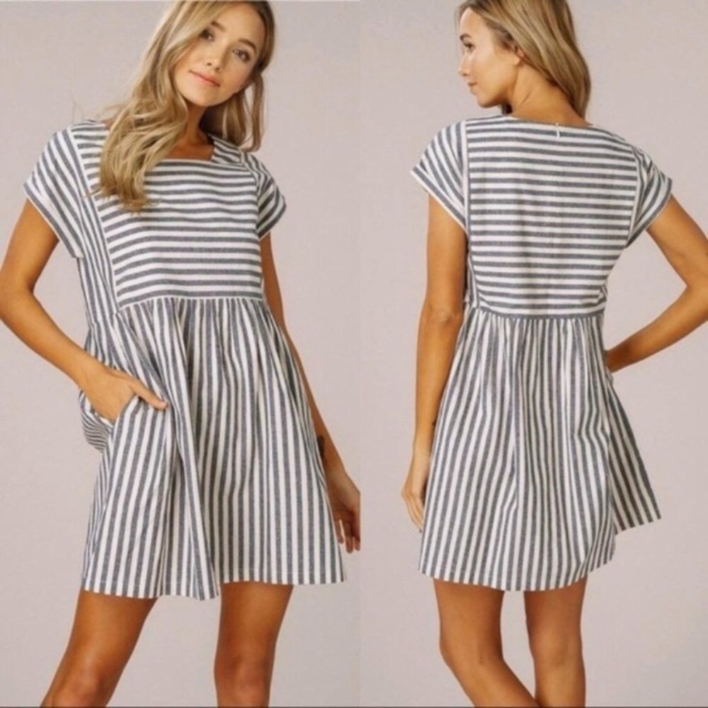 Listicle Blue Cream Stripe Babydoll Dress With Pockets Medium